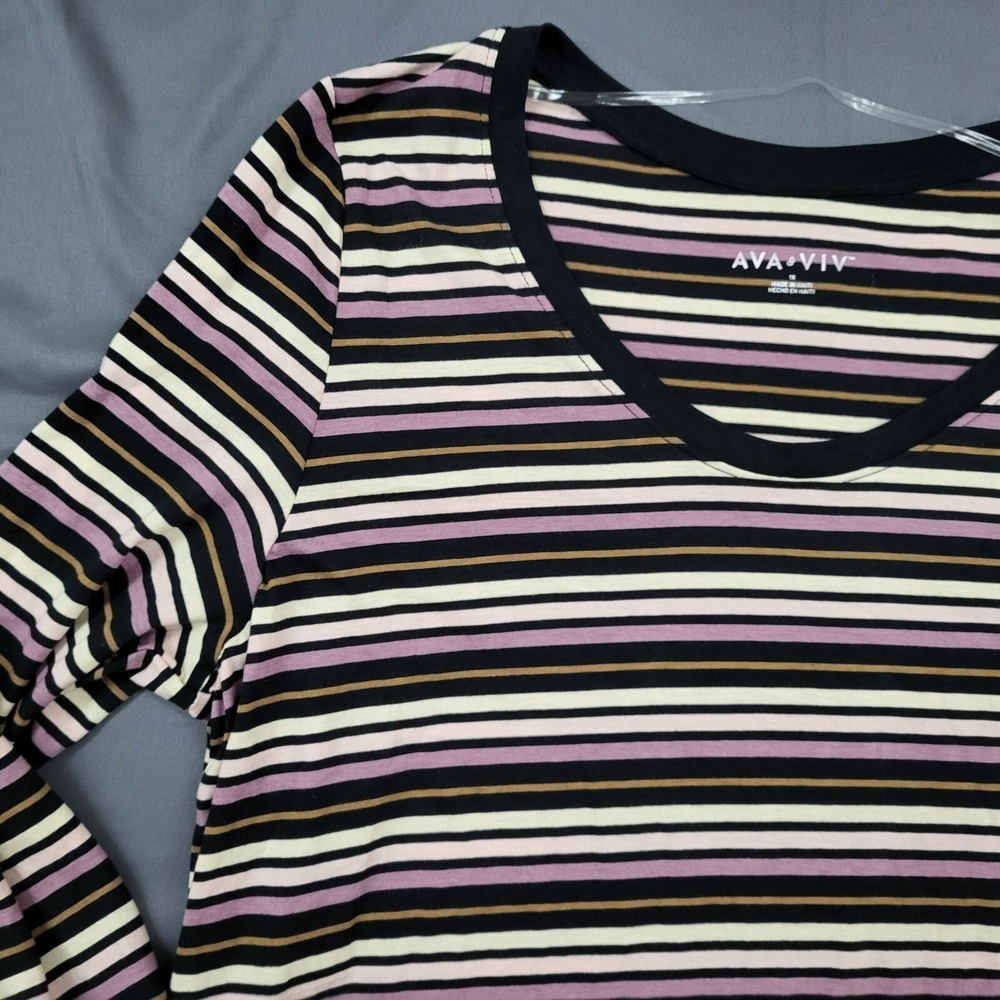 Ava & Viv Womens 1X Striped Long Sleeve Scoop Neck Tee Black Purple Pink NEW - Picture 11 of 14